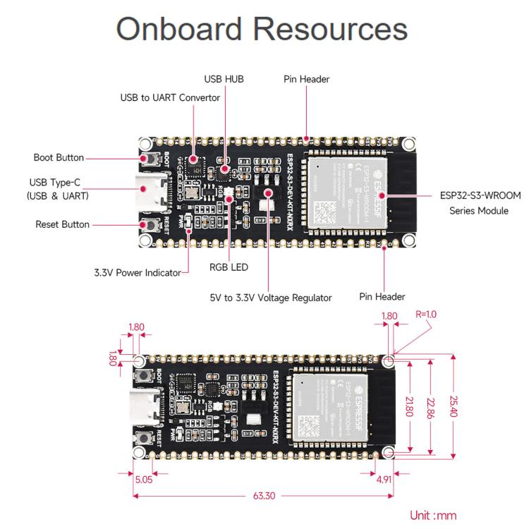 Waveshare ESP32-S3 1U-N16R8 Microcontroller 2.4GHz Wi-Fi Development Board 240MHz Dual Core Processor, Without Header, With Pre-soldered Headers