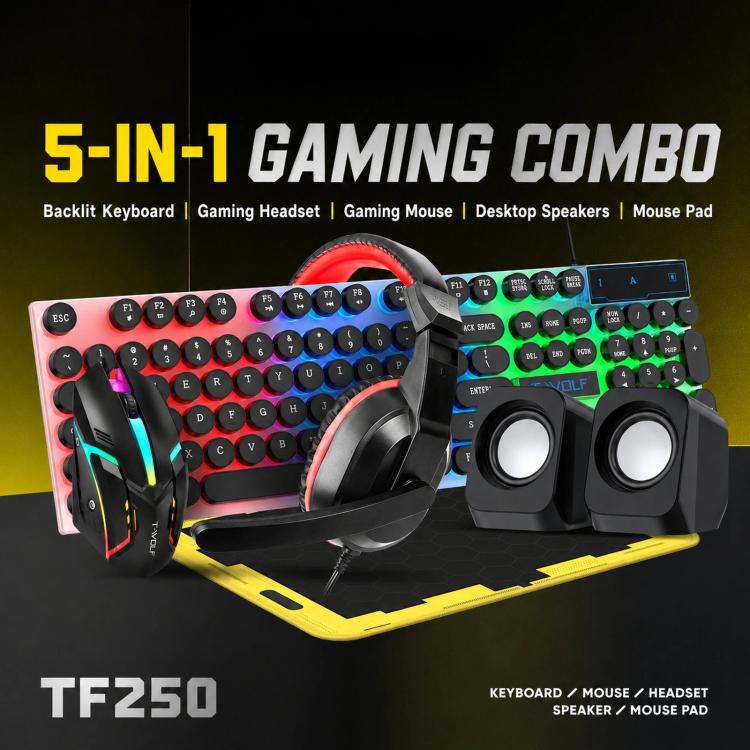 T-WOLF 5-In-1 PC Gaming Bundle Included Backlit Keyboard, Wired Mouse, Headset, Speakers And Mouse Pad