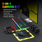 T-WOLF 5-In-1 PC Gaming Bundle Included Backlit Keyboard, Wired Mouse, Headset, Speakers And Mouse Pad