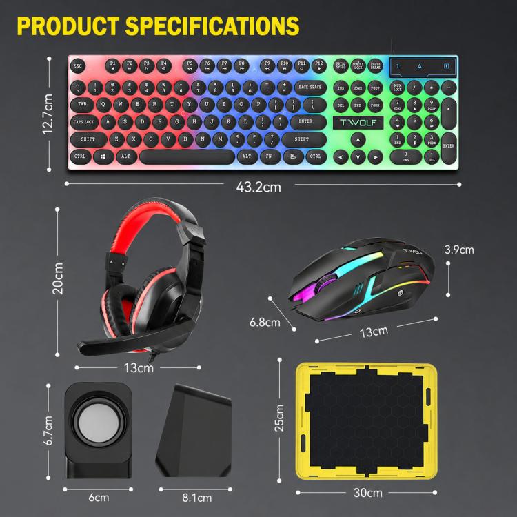 T-WOLF 5-In-1 PC Gaming Bundle Included Backlit Keyboard, Wired Mouse, Headset, Speakers And Mouse Pad