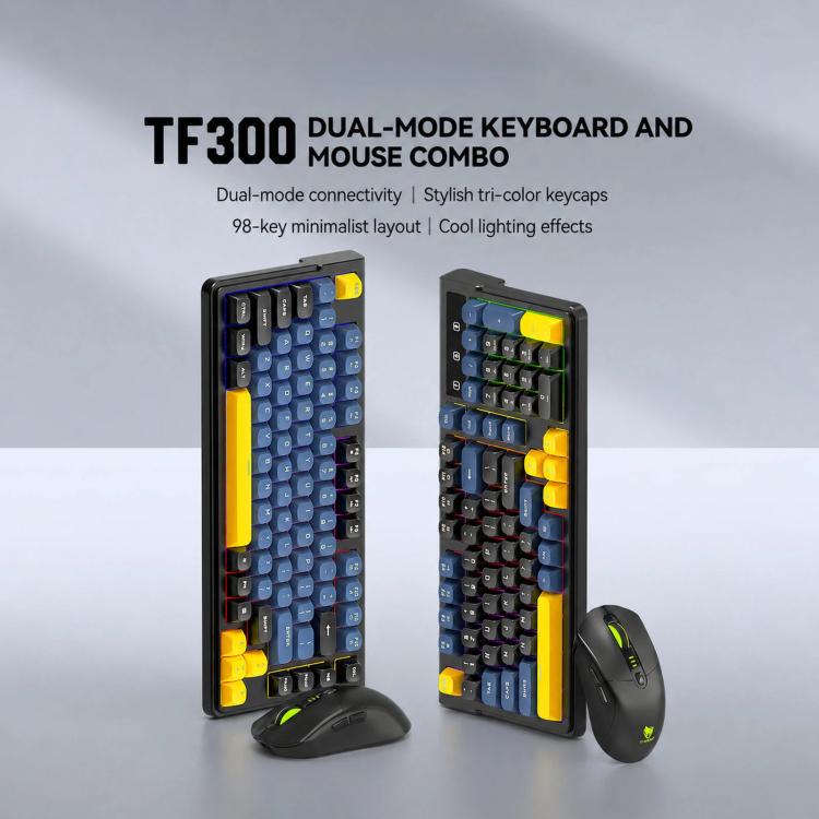 T-WOLF TF300 Rechargeable Wireless Keyboard and Mouse Combo 2.4G/Bluetooth Dual Mode 98-Key Compact Keyboard with Mixed-Color Backlit