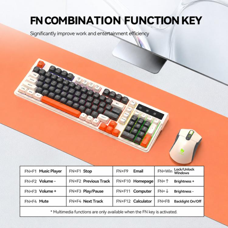 T-WOLF TF300 Rechargeable Wireless Keyboard and Mouse Combo 2.4G/Bluetooth Dual Mode 98-Key Compact Keyboard with Mixed-Color Backlit