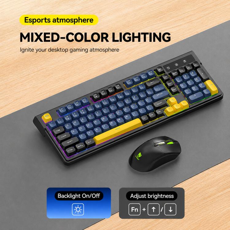 T-WOLF TF300 Rechargeable Wireless Keyboard and Mouse Combo 2.4G/Bluetooth Dual Mode 98-Key Compact Keyboard with Mixed-Color Backlit