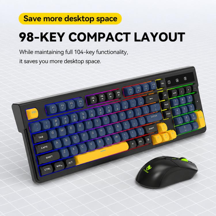T-WOLF TF300 Rechargeable Wireless Keyboard and Mouse Combo 2.4G/Bluetooth Dual Mode 98-Key Compact Keyboard with Mixed-Color Backlit