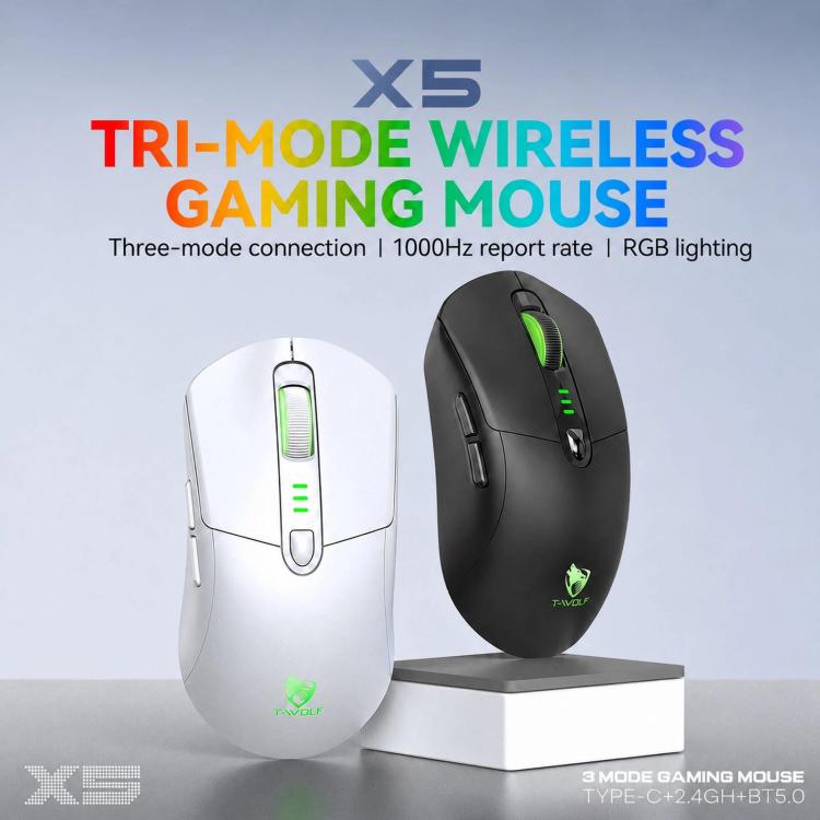 T-WOLF X5 Tri-Mode Wireless Gaming Mouse 12800 DPI Adjustable Rechargeable Gamer Mouse With RGB Backlit