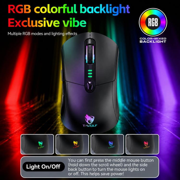 T-WOLF X5 Tri-Mode Wireless Gaming Mouse 12800 DPI Adjustable Rechargeable Gamer Mouse With RGB Backlit