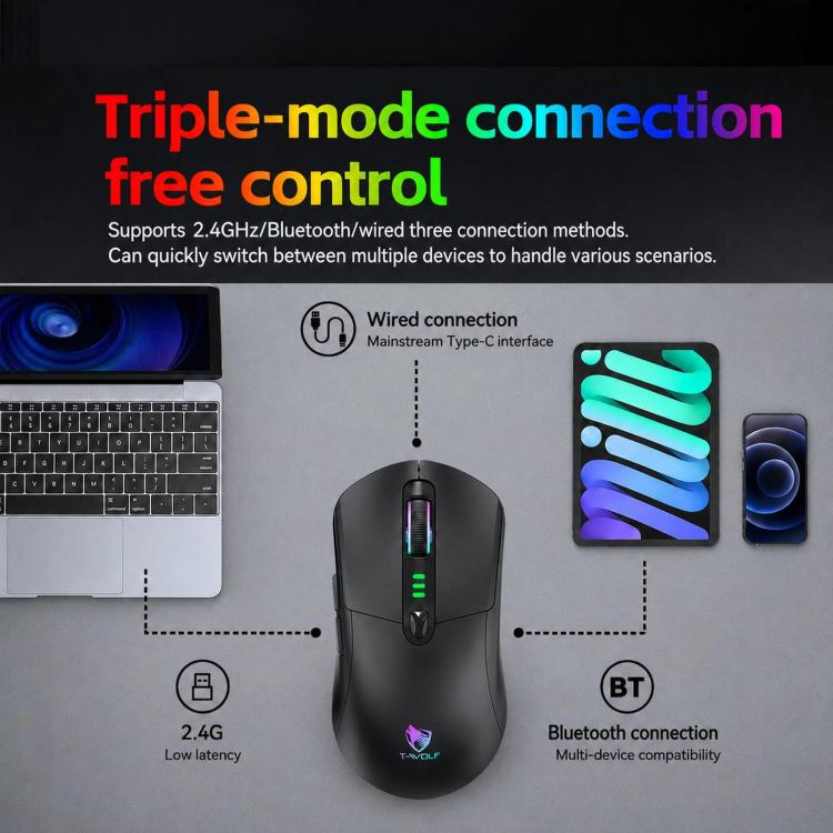 T-WOLF X5 Tri-Mode Wireless Gaming Mouse 12800 DPI Adjustable Rechargeable Gamer Mouse With RGB Backlit
