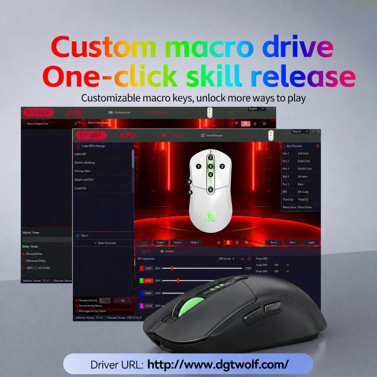 T-WOLF X5 Tri-Mode Wireless Gaming Mouse 12800 DPI Adjustable Rechargeable Gamer Mouse With RGB Backlit