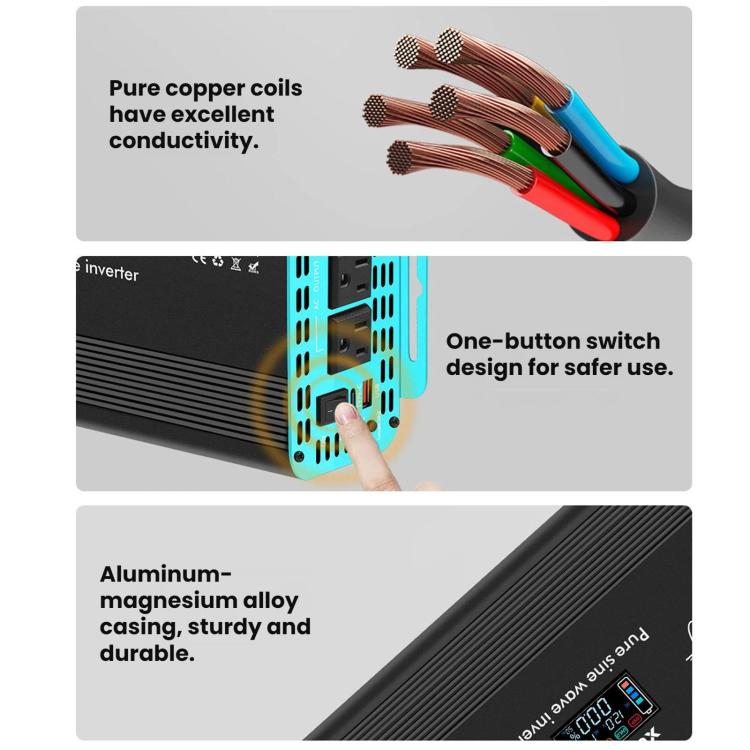 XUYUAN 12V/24V To 110V Pure Sine Wave Inverter, US Plug, 800W, 1400W, 2000W, 3000W