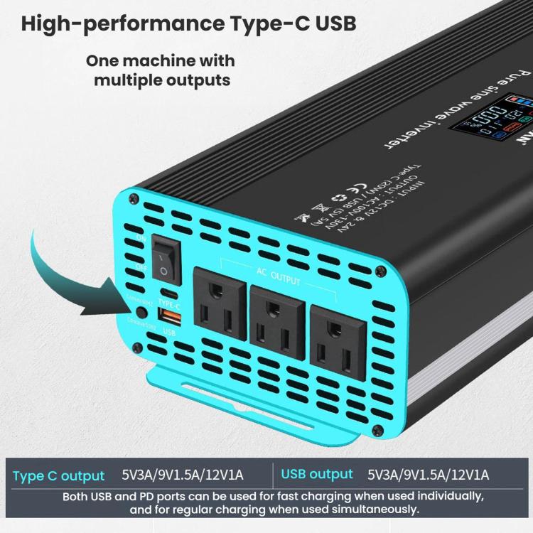 XUYUAN 12V/24V To 110V Pure Sine Wave Inverter, US Plug, 800W, 1400W, 2000W, 3000W