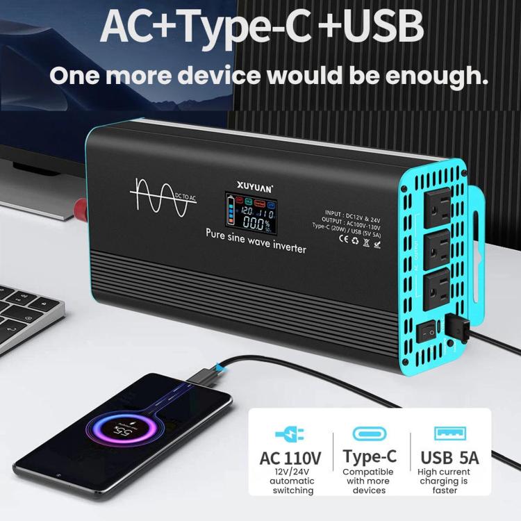XUYUAN 12V/24V To 110V Pure Sine Wave Inverter, US Plug, 800W, 1400W, 2000W, 3000W