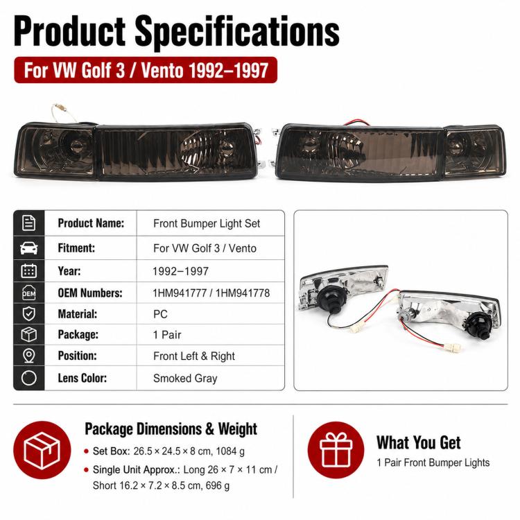 For 1992-1997 Volkswagen Golf / Jetta Front Bumper Crystal Fog Light Kit 1HM941777 / 1HM941778