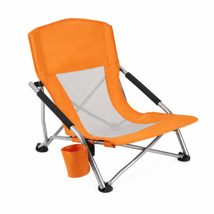 Folding Beach Chair Picnic Camping Lawn Lounge Seat With Breathable Mesh Back and Cup Holder