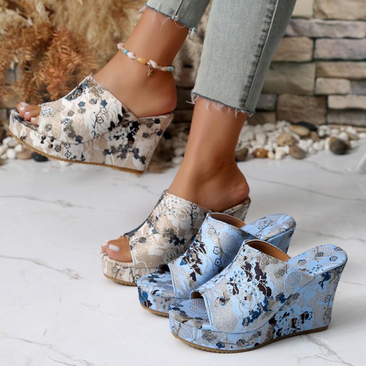 Womens Wedge Sandals Peep Toe Floral Platform Slide Slippers 10cm High Heel Summer Mules, 35, 36, 37, 38, 39, 40, 41, 42, 43