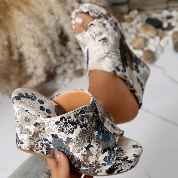 Womens Wedge Sandals Peep Toe Floral Platform Slide Slippers 10cm High Heel Summer Mules, 35, 36, 37, 38, 39, 40, 41, 42, 43