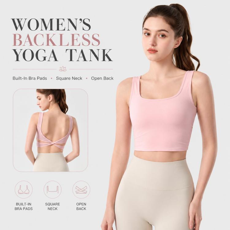 Women Sexy Backless Cami Yoga Top Summer Outer Wear Sports Vest With Padded Cups, S, M, L, XL