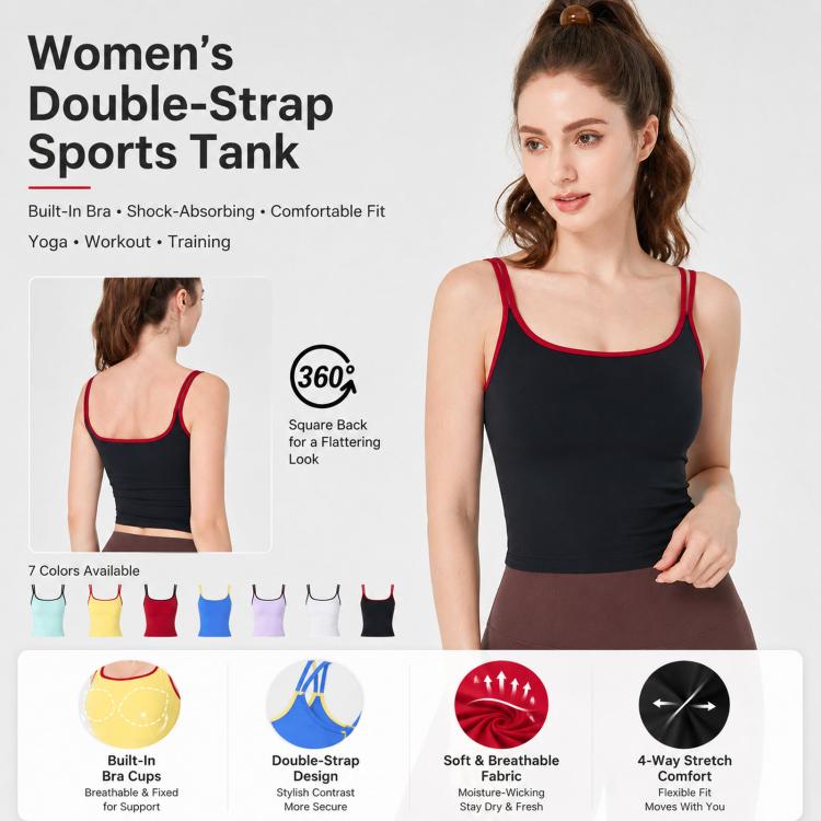 Women Fixed Cup Double Strap Cami Tank Top Shockproof Comfortable Sports Yoga Wear, S, M, L, XL