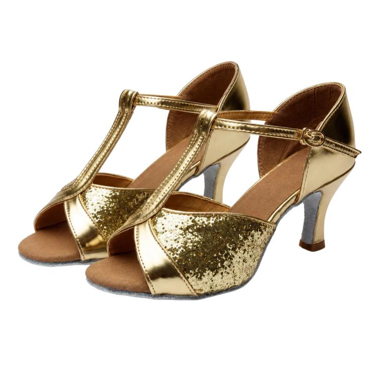 Womens Latin Dance Shoes Satin Strappy Ballroom Salsa Dancing Shoes 2-Inch Mid Heel Suede Sole Sandals, 34, 35