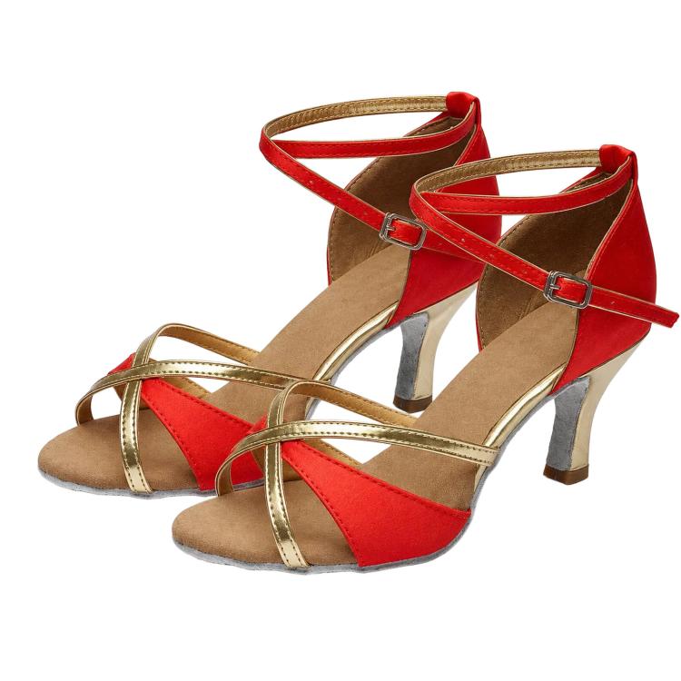 Womens Latin Dance Shoes Satin Strappy Ballroom Salsa Dancing Shoes 2-Inch Mid Heel Suede Sole Sandals, 36, 37
