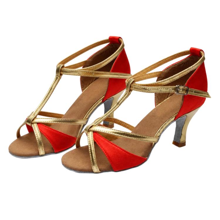 Womens Latin Dance Shoes Satin Strappy Ballroom Salsa Dancing Shoes 2-Inch Mid Heel Suede Sole Sandals, 36, 37