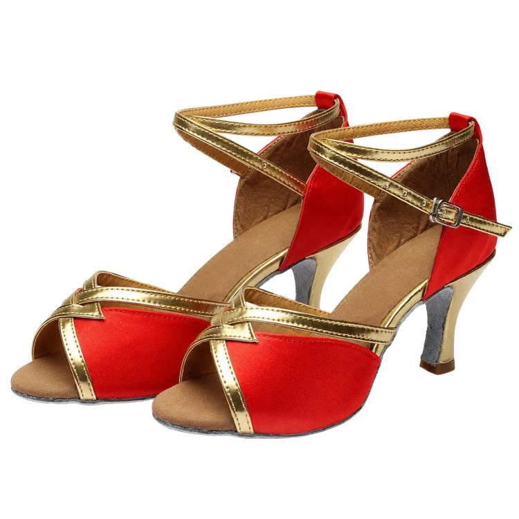 Womens Latin Dance Shoes Satin Strappy Ballroom Salsa Dancing Shoes 2-Inch Mid Heel Suede Sole Sandals, 36, 37