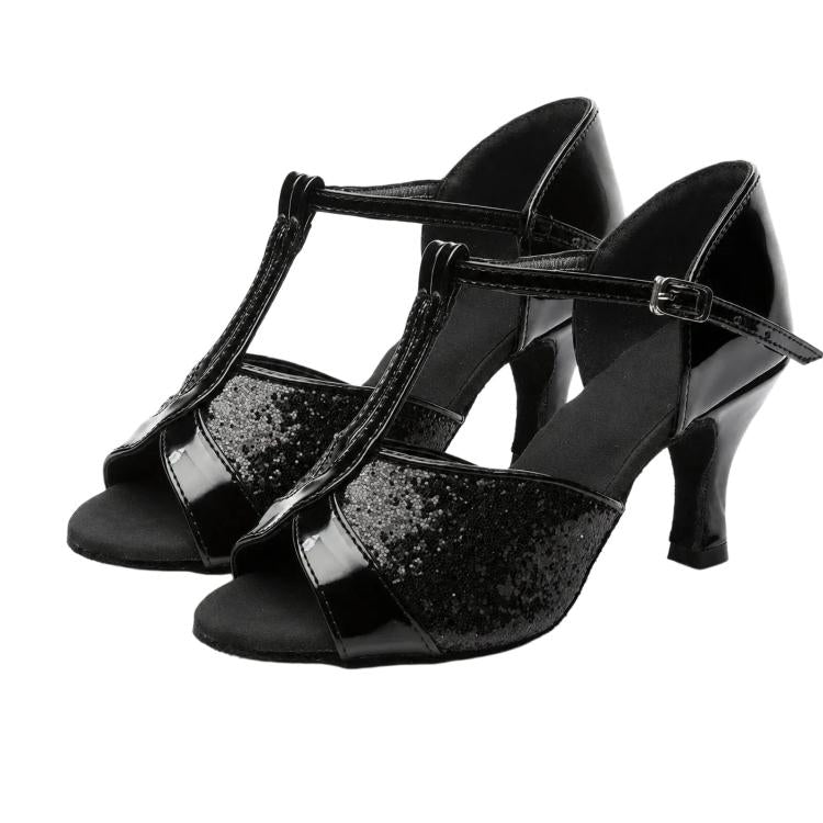 Womens Latin Dance Shoes Satin Strappy Ballroom Salsa Dancing Shoes 2-Inch Mid Heel Suede Sole Sandals, 38, 39