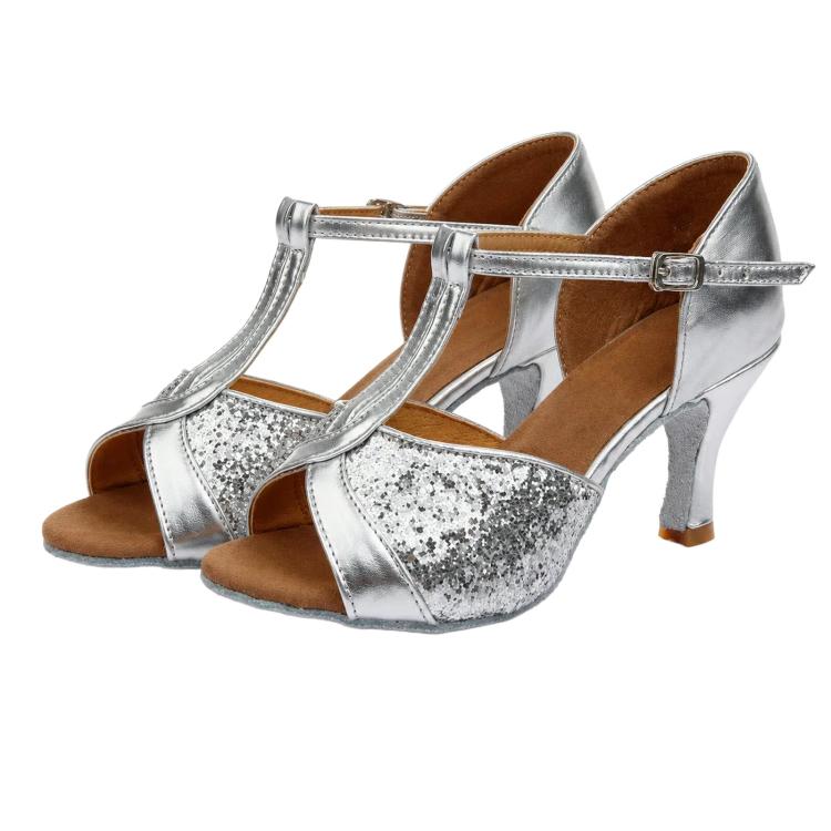 Womens Latin Dance Shoes Satin Strappy Ballroom Salsa Dancing Shoes 2-Inch Mid Heel Suede Sole Sandals, 40, 41