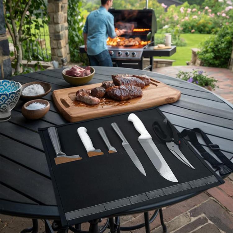 Canvas Roll Bag With 6 Pockets BBQ Knife Utensil Holder Camping Tool Organizer