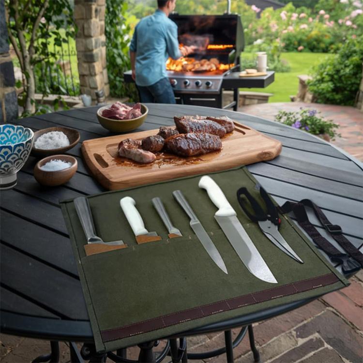 Canvas Roll Bag With 6 Pockets BBQ Knife Utensil Holder Camping Tool Organizer