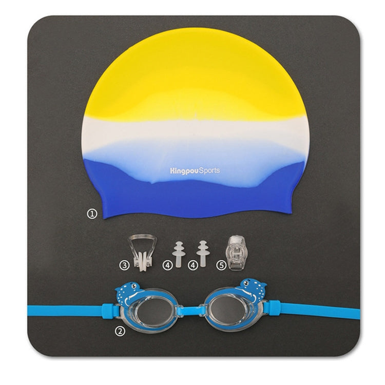 KingpouSports K9002 5 in 1 Children Anti-fog Diving Swimming Goggles + Swimming Cap + Nose Clip + Earplugs + Mirror Buckle Set, KingpouSports K9002 (Blue Fish), KingpouSports K9002 (Orange Starfish)