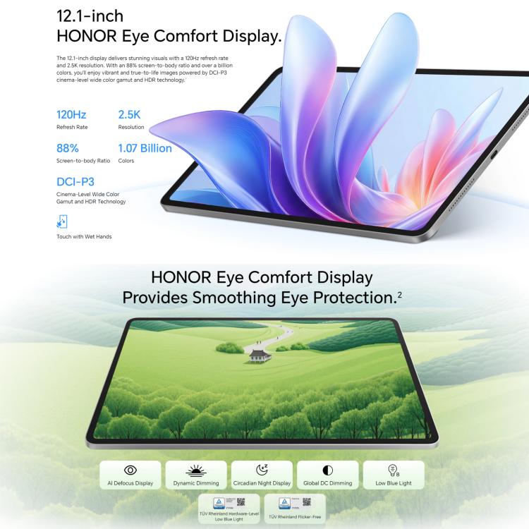 Honor Pad 10 Soft Light Screen WiFi Tablet PC, 12.1 inch 8GB+256GB MagicOS 9.0 Qualcomm Snapdragon 7 Gen3 Octa Core, 8GB+256GB Soft Light Screen