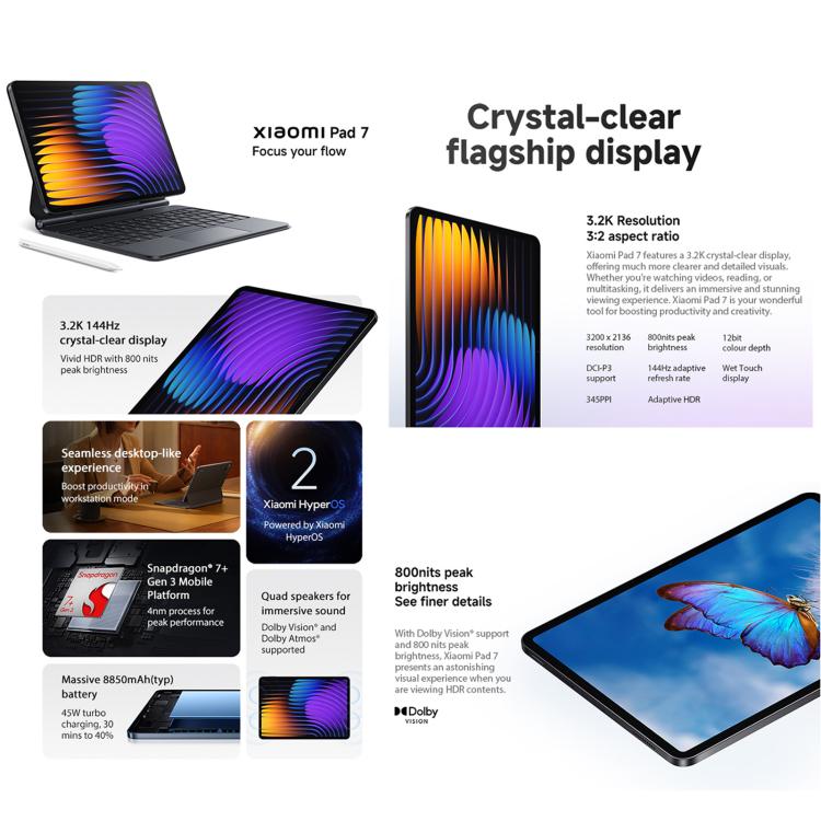 Xiaomi Pad 7 Global, 8GB+256GB, 11.2 inch Xiaomi HyperOS 2 Snapdragon 7+ Gen 3 Octa Core, Pad 7 Global, 8GB+256GB