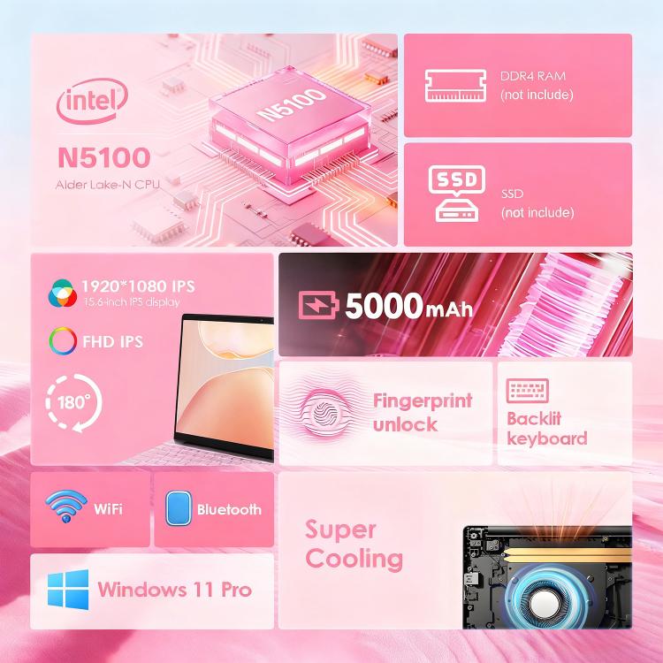GXMO T152J 15.6 inch Laptop, No Memory, Windows 11 Pro Intel Celeron N5100 Quad Core, Support Fingerprint Unlock, US Plug, No Memory, US Plug