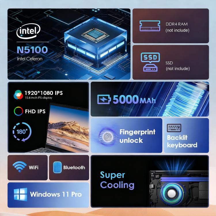GXMO T152J 15.6 inch Laptop, No Memory, Windows 11 Pro Intel Celeron N5100 Quad Core, Support Fingerprint Unlock, EU Plug, No Memory, EU Plug