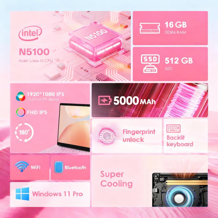 GXMO T152J 15.6 inch Laptop, 16GB+512GB, Windows 11 Pro Intel Celeron N5100 Quad Core, Support Fingerprint Unlock, US Plug, 16GB+512GB, US Plug