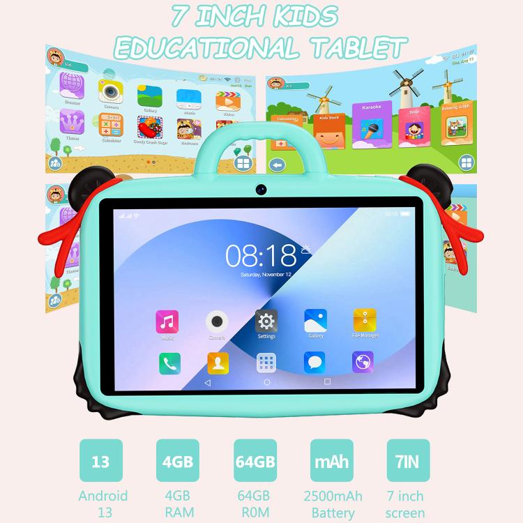 BDF 7 inch WiFi Kids Tablet PC with Nezha Silicone Case, 2GB+32GB, Android 8.1 MTK6735 Quad Core CPU, US Plug, 4GB+64GB