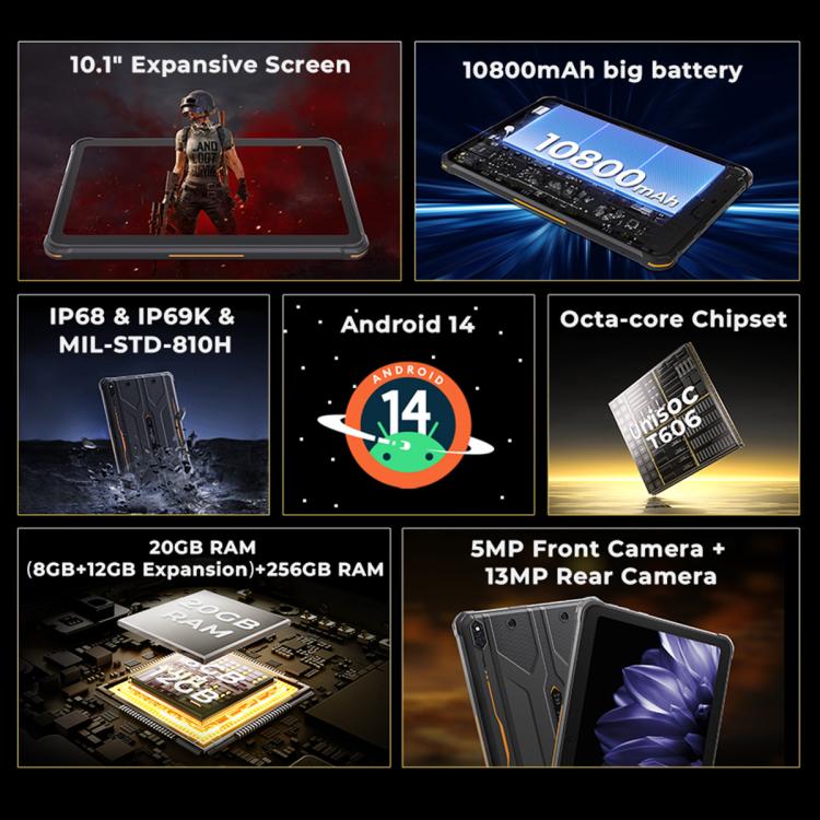 HOTWAV Tab R10 Pro IP68/IP69K Rugged Tablet, 8GB+256GB, 10.1 inch Android 14 Unisoc T606 Octa Core 4G Network, Global Version with Google Play, EU Plug, Tab R10 Pro
