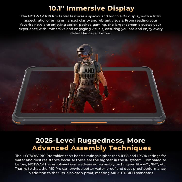 HOTWAV Tab R10 Pro IP68/IP69K Rugged Tablet, 8GB+256GB, 10.1 inch Android 14 Unisoc T606 Octa Core 4G Network, Global Version with Google Play, EU Plug, Tab R10 Pro