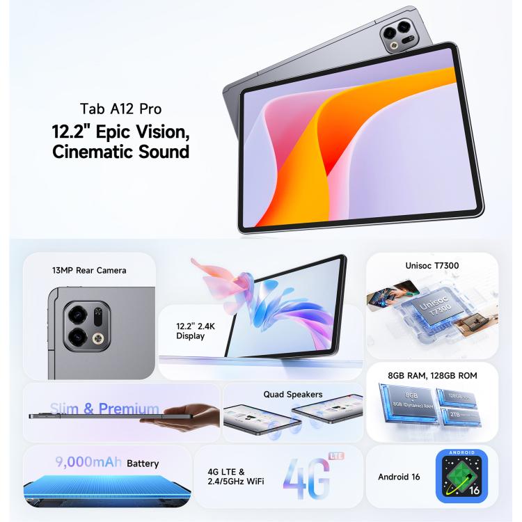 Ulefone Tab A12 Pro Tablet PC, 8GB+128GB, 12.2 inch Android 16 Unisoc T7300 Octa Core 4G Network, EU Plug, Tab A12 Pro