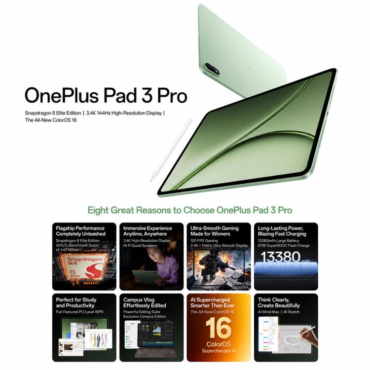 OnePlus Pad 3 Pro 13.2 inch WiFi Tablet PC, 12GB+512GB ColorOS 16 Qualcomm Snapdragon 8 Elite Gen5 CPU, US Plug, 12GB+512GB