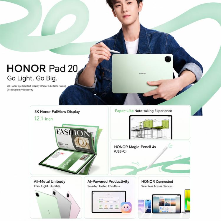 Honor Pad 20 Lite Edition WiFi Tablet PC, 12.1 inch 8GB+128GB MagicOS 10 Qualcomm Snapdragon 7 Gen3 Octa Core, US Plug, Lite Ed. 8GB+128GB