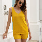 2 In 1 Solid Color Hollow Smock Knit Vest Swimsuit Set, S, M, L, XL